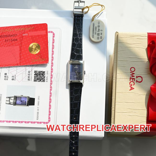 Watch: Omega De Ville Purple Dial Quartz with Purple Leather Strap—Front View (Actual Photo)