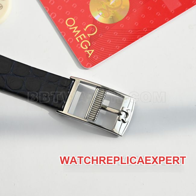Omega De Ville watch with purple dial, quartz movement, purple leather strap, and buckle, actual product photos.