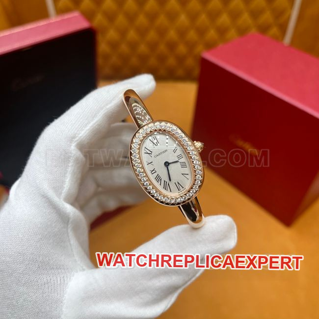 Optimal Watch BBA Factory Bathtub Cartier White Dial Rose Gold Diamond Bezel Quartz Front Real Shot
