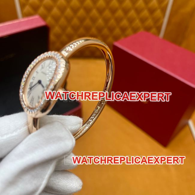 collectible watch BBA factory bathtub Cartier white dial rose gold diamond bezel quartz side real shot pictures