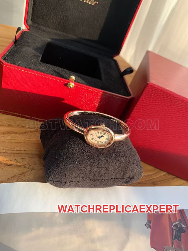 collectible Watch: BBA Factory "Bathtub" Cartier Silver-White Dial with Rose Gold Ring Quartz—Front View Actual Photos