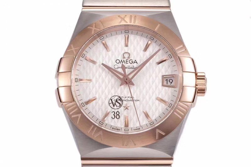 Omega temperament model vs Constellation high-quality temperament model 8500 mechanical watch white dialrose gold front view