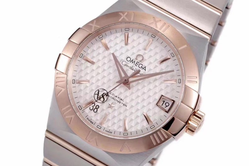 Omega temperament model vs Constellation high-quality temperament model 8500 mechanical watch white dialrose gold front view