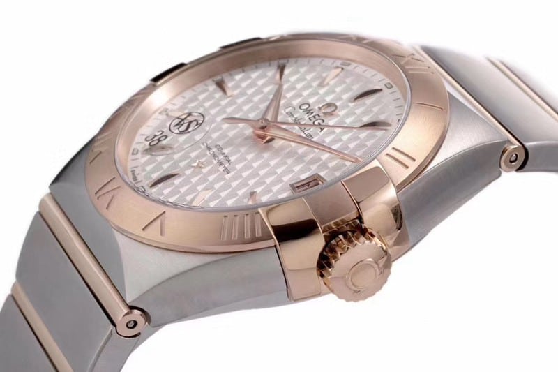 Omega temperament model vs Constellation high-quality temperament model 8500 mechanical watch white dialrose gold side view