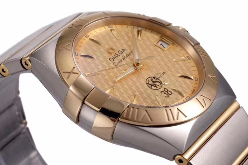 Omegasuper temperament model vs. constellation rose gold plate temperament model 8500 mechanical watch side view