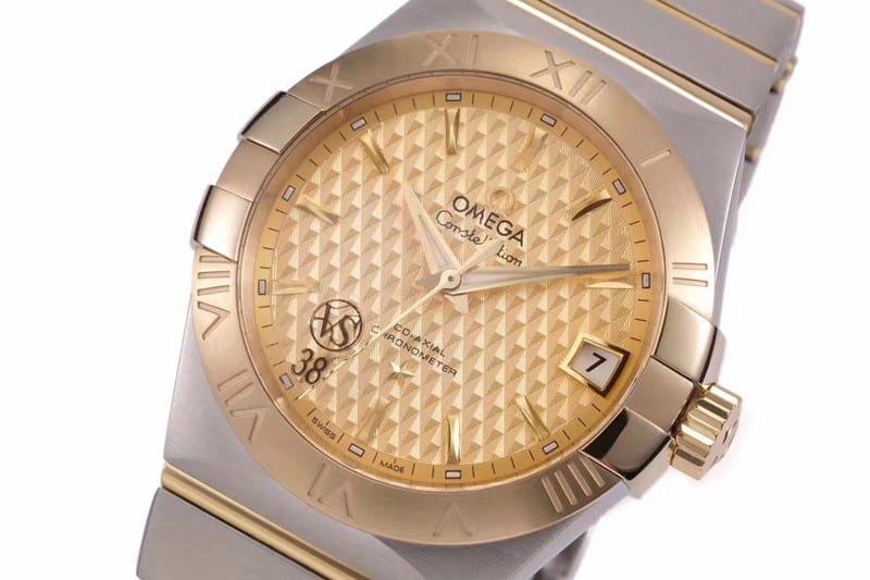 Omegasuper temperament model vs Constellation rose gold plate temperament model 8500 mechanical watch front view