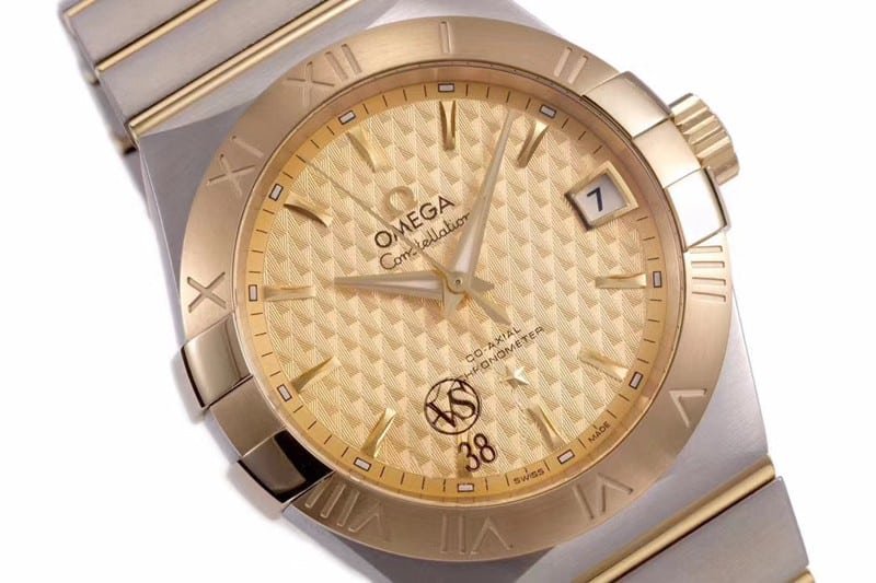 Omegasuper temperament model vs Constellation rose gold plate temperament model 8500 mechanical watch front view