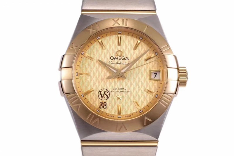 Omegasuper temperament model vs Constellation rose gold plate temperament model 8500 mechanical watch front view