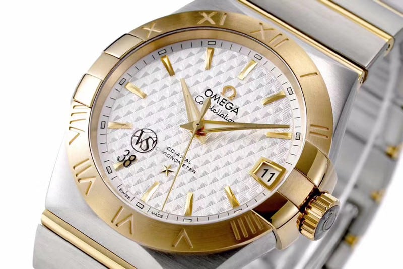 super cloneOmegayellow goldwhite dialdate displayvs constellation temperament 8500 mechanical watch front view