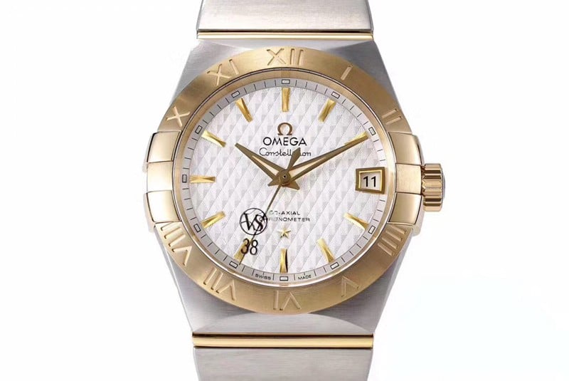 super cloneOmegayellow goldwhite dialdate displayvs constellation temperament 8500 mechanical watch front view