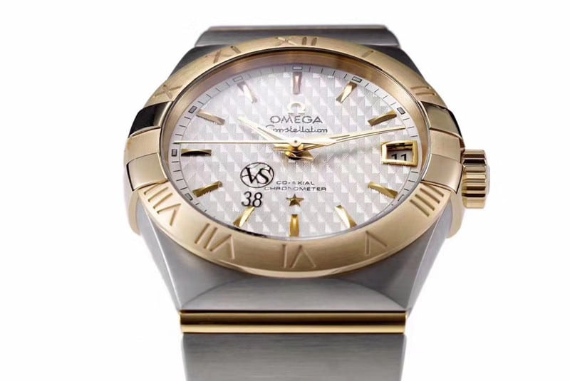 super cloneOmegayellow goldwhite dialdate displayvs constellation temperament model 8500 mechanical watch detail shots