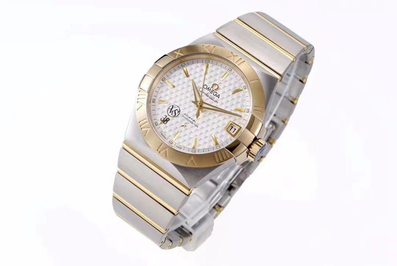 super cloneOmegayellow goldwhite dialdate displayvs constellation temperament 8500 mechanical watch front view