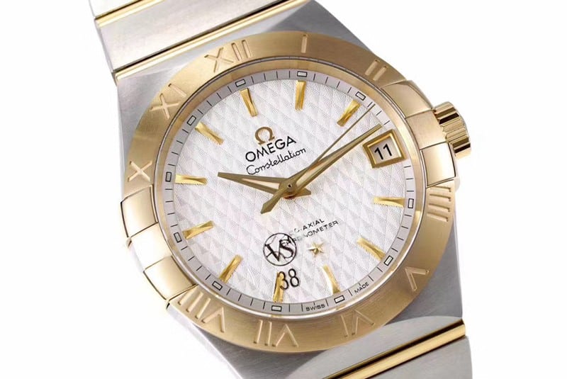 super cloneOmegayellow goldwhite dialdate displayvs constellation temperament 8500 mechanical watch front view