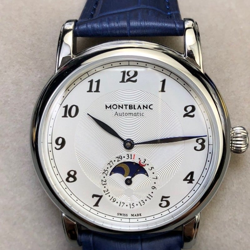 high-quality Montblanc watch star bright star shine moon phase dial front view