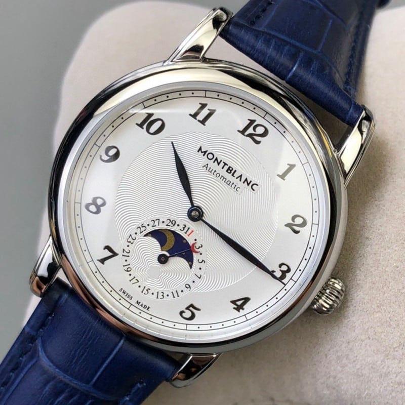 high-quality Montblanc watch star bright star shine moon phase dial front view