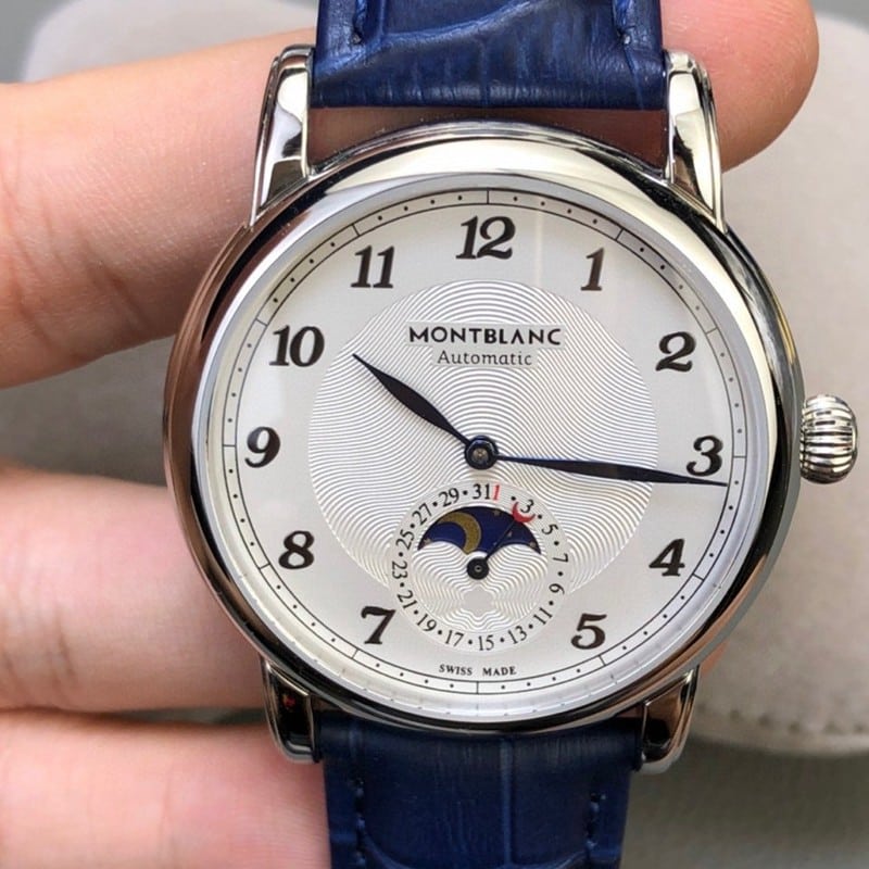 high-quality Montblanc watch star bright star shine moon phase dial front view