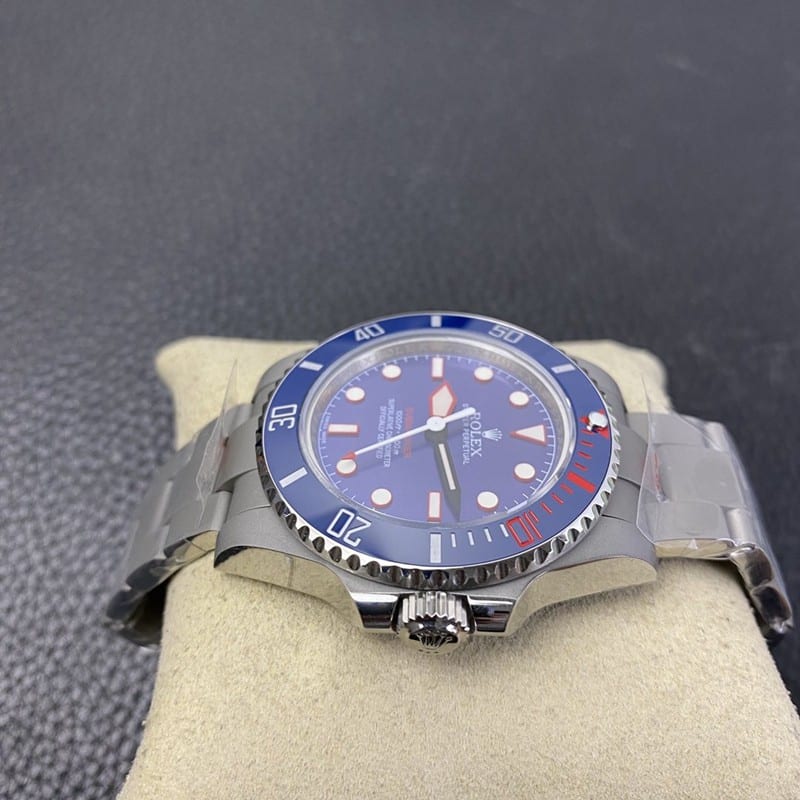 ReplicaRolex modified watch sandblasted case blue dial side view