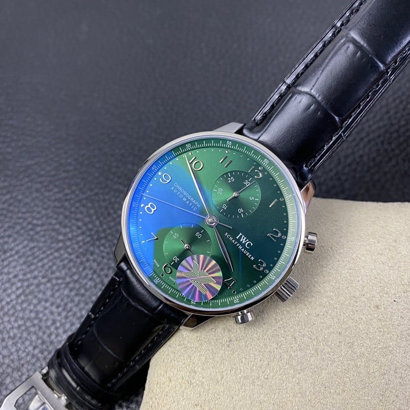 YL factory replicaIWC green dial Portuguese chronograph watch front view