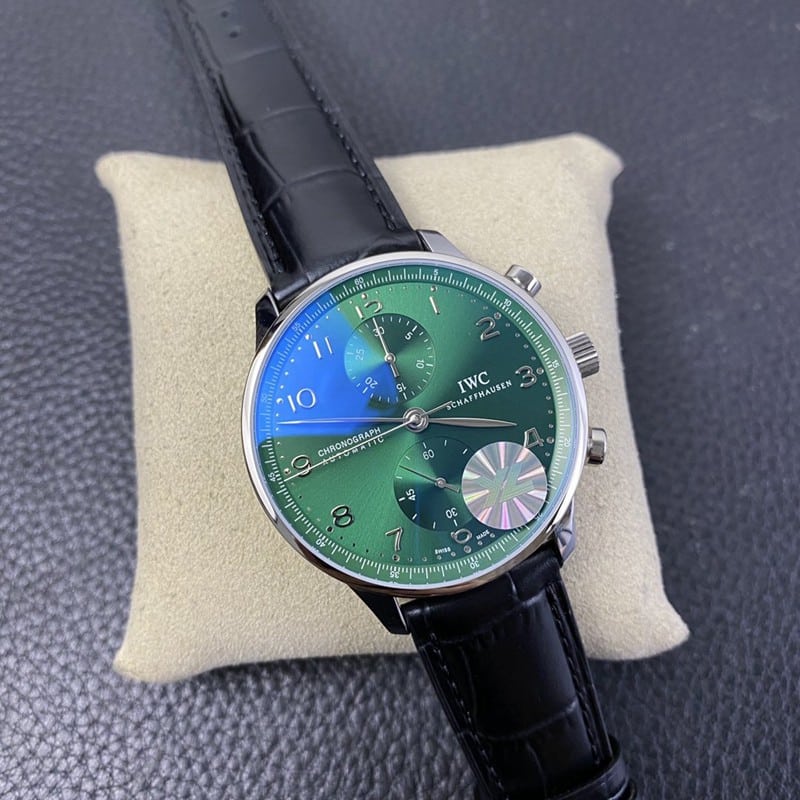 YL factory replicaIWC green dial Portuguese chronograph watch front view