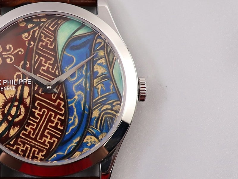 Patek Philippereplica5077P-102 watch Bhutanese six-color fabric micro-painted enamel detail shots