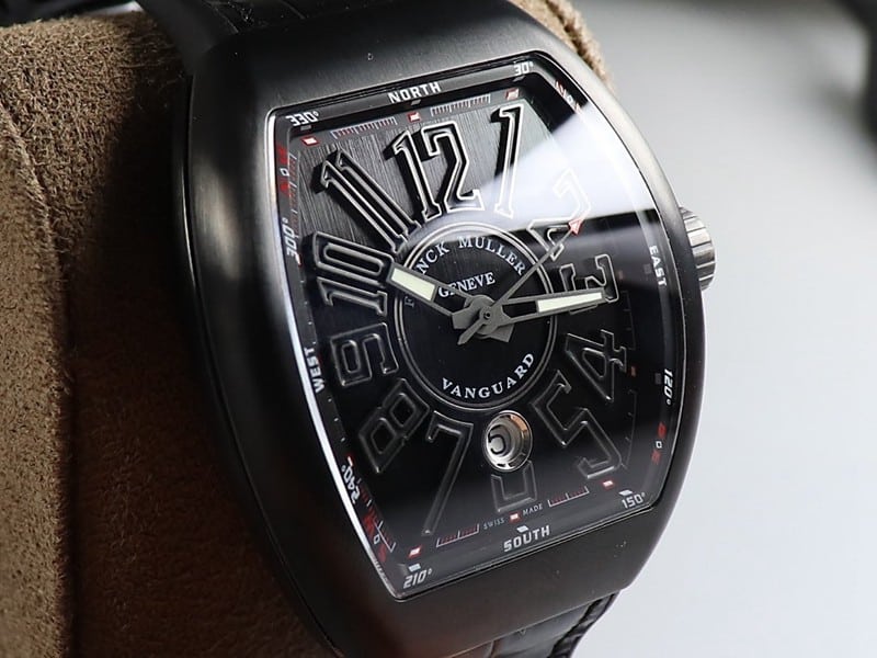 Frank Muller watch V45 series cool black barrel type men's leather strap automatic movement watch front view