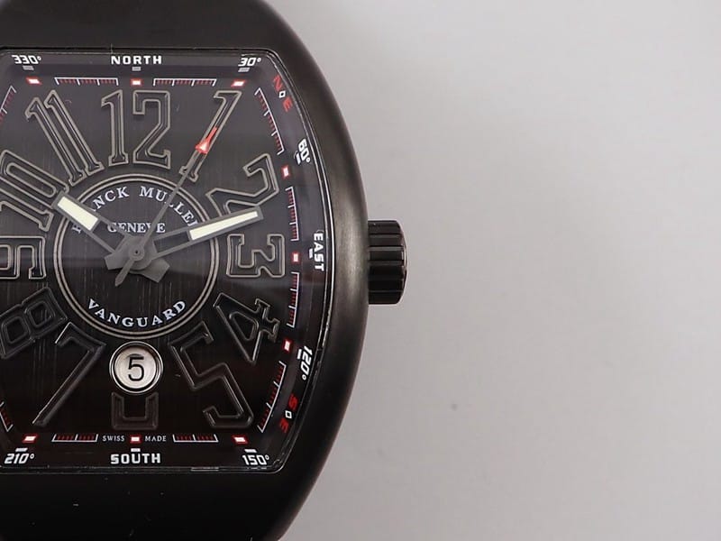 Frank Muller watch V45 series cool black barrel type men's leather strap automatic movement watch detail shots