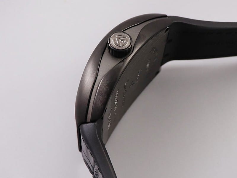 Frank Muller watch V45 series cool black barrel type men's leather strap automatic movement watch side view