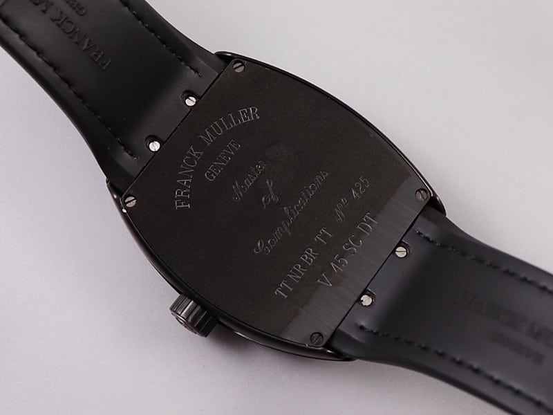 Frank Muller watch V45 series cool black barrel type men's leather strap automatic movement watch back cover picture
