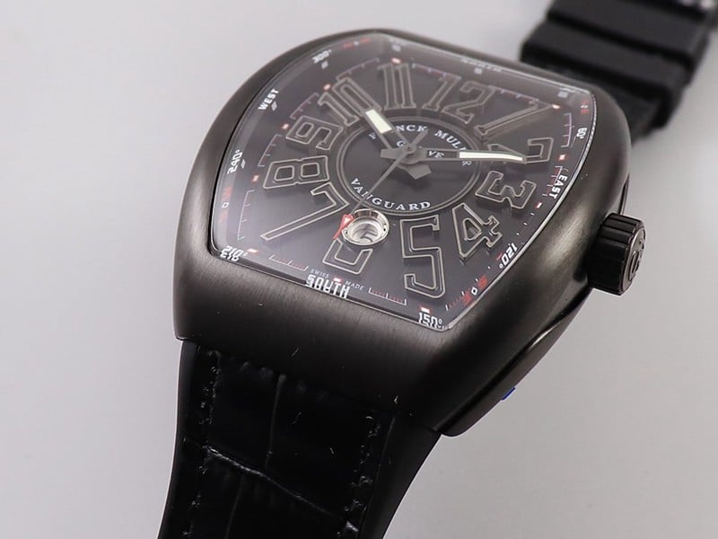 Frank Muller watch V45 series cool black barrel type men's leather strap automatic movement watch detail shots