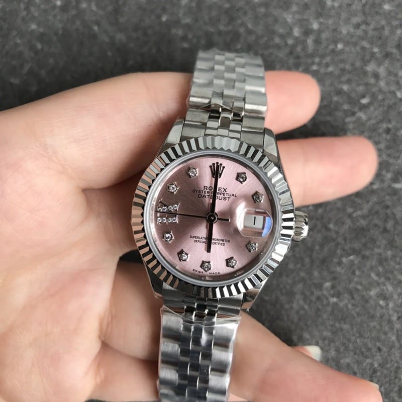 Rolex ladies watch, Datejust 28mm, mechanical watch, pink dial, front view