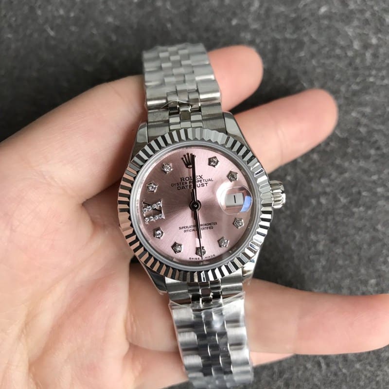 Rolex ladies watch, Datejust 28mm, mechanical watch, pink dial, front view