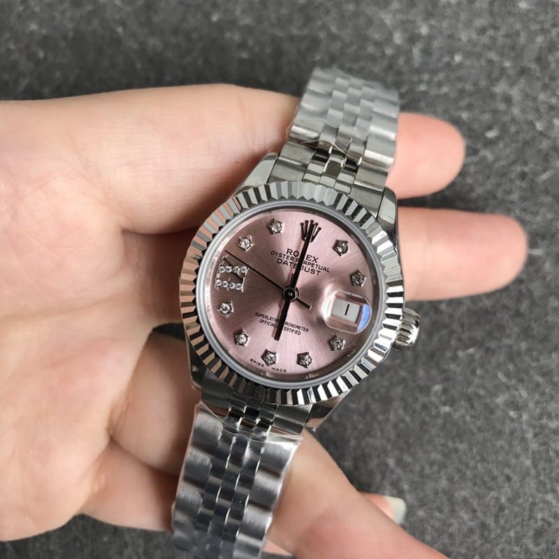 Rolex ladies watch, Datejust 28mm, mechanical watch, pink dial, front view