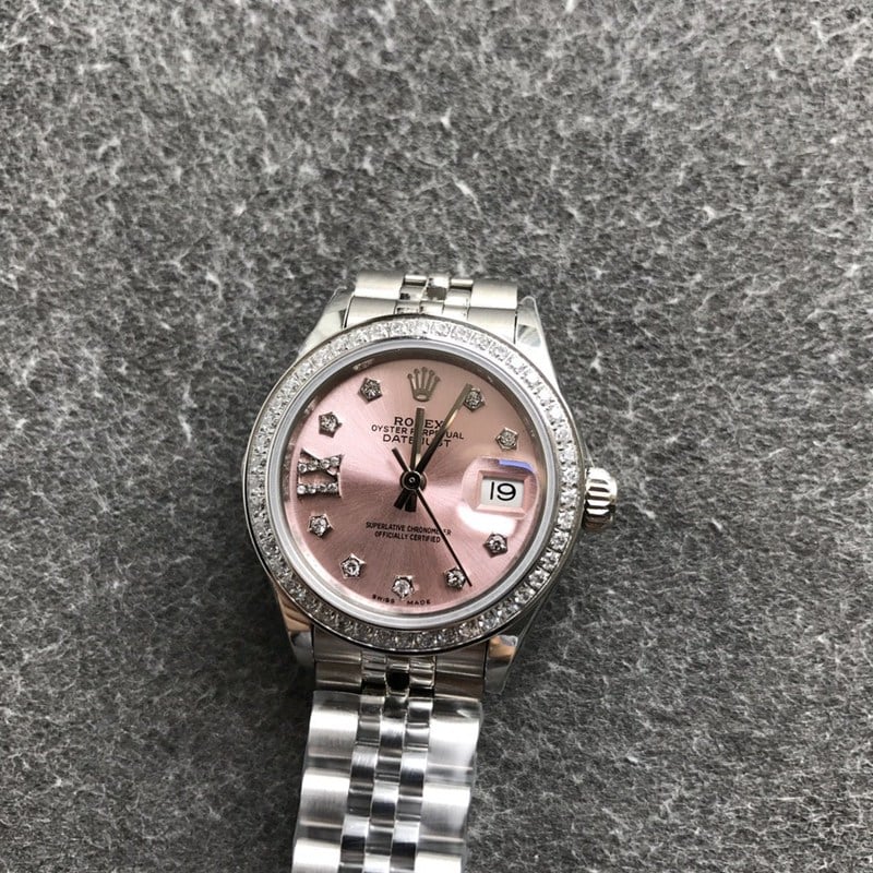Rolex Lady-Datejust 28mm diamond bezel mechanical watch pink dial front view