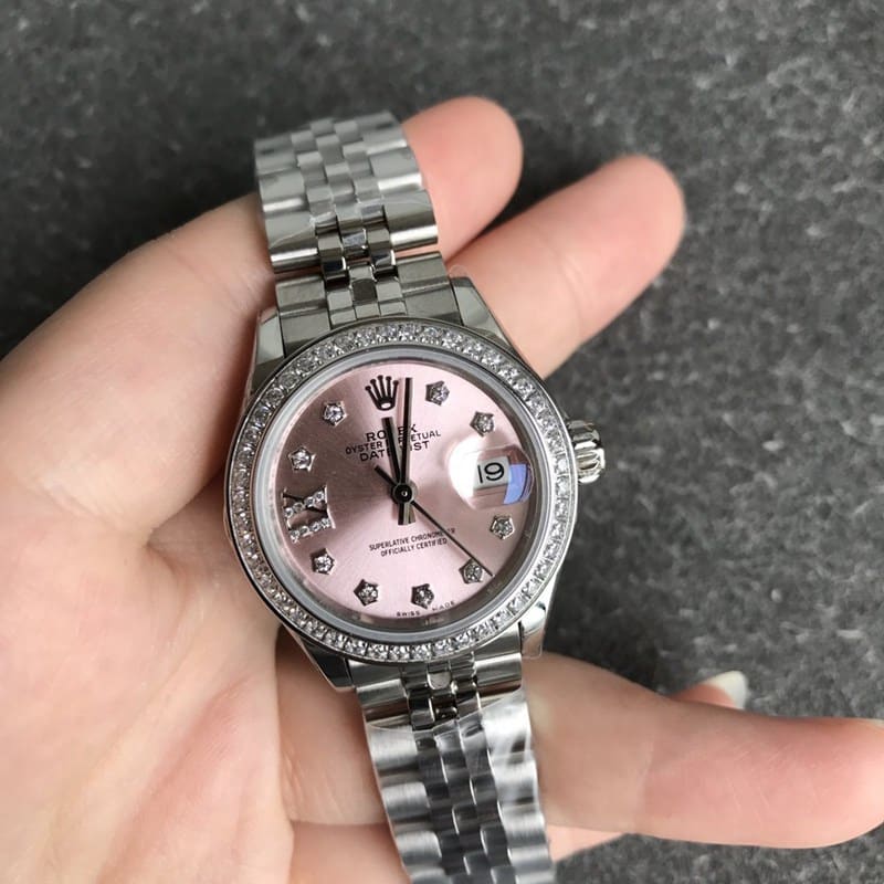 Rolex Lady-Datejust 28mm diamond bezel mechanical watch pink dial front view
