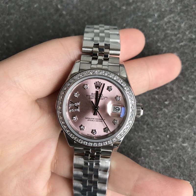 Rolex Lady-Datejust 28mm diamond bezel mechanical watch pink dial front view
