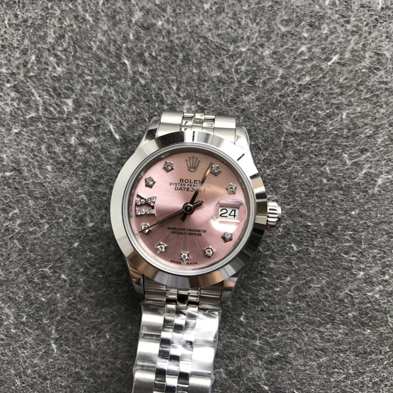 Rolex Datejust women's watch, 28mm, mechanical, pink dial, front view