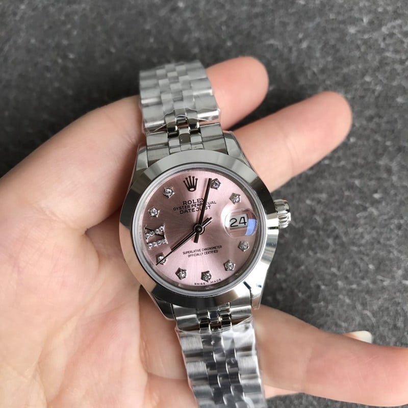Rolex Datejust women's watch, 28mm, mechanical, pink dial, front view