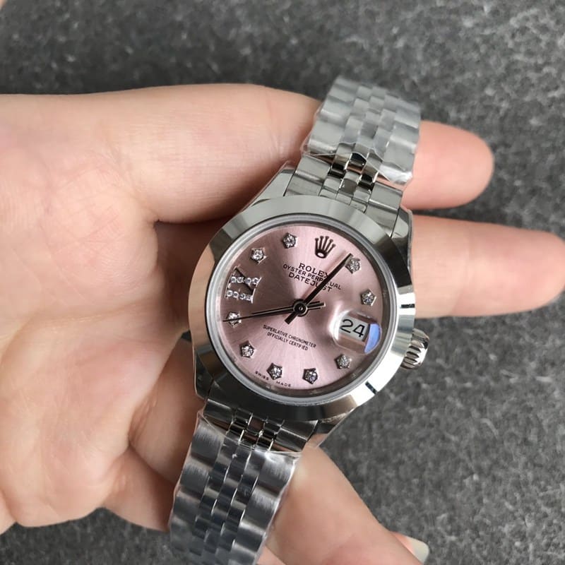 Rolex Datejust women's watch, 28mm, mechanical, pink dial, front view