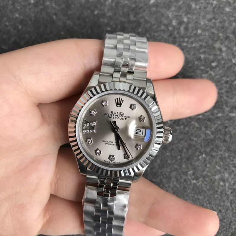High-quality Rolex Datejust watch for women, 28mm, mechanical, diamond bezel, grey dial, front view