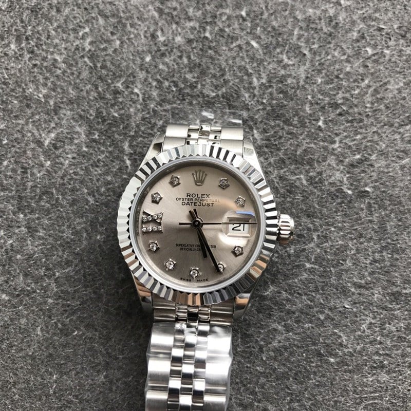 High-quality Rolex Datejust watch for women, 28mm, mechanical, diamond bezel, grey dial, front view