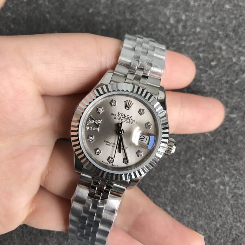 High-quality Rolex Datejust watch for women, 28mm, mechanical, diamond bezel, grey dial, front view