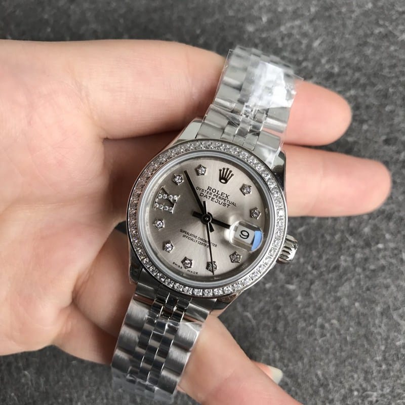 High-quality Rolex Datejust watch, women's 28mm, mechanical bezel, diamond hour markers, grey dial, front view