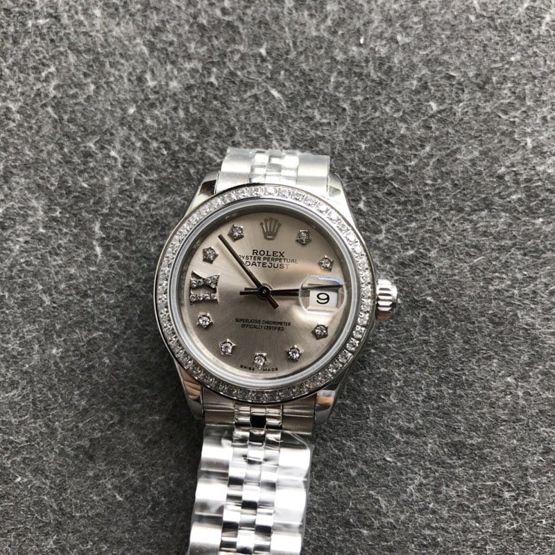 High-quality Rolex Datejust watch, women's 28mm, mechanical bezel, diamond hour markers, grey dial, front view