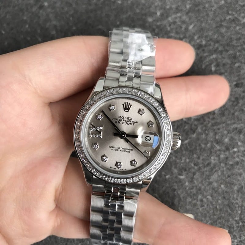 High-quality Rolex Datejust watch, women's 28mm, mechanical bezel, diamond hour markers, grey dial, front view