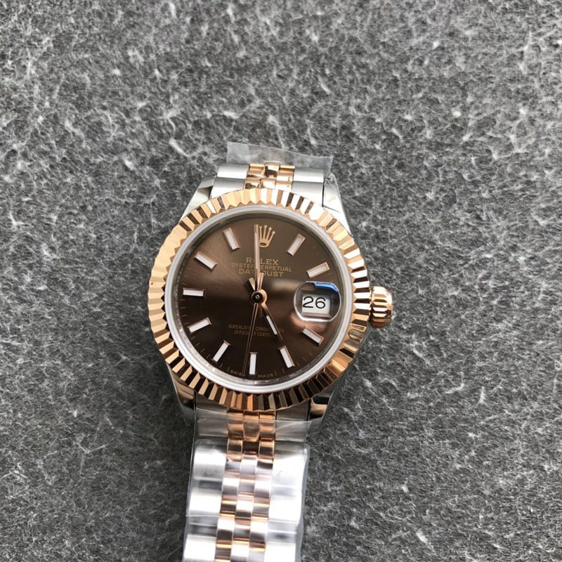 Rolex Datejust watch for women, 28mm, mechanical, with a tiger tooth bezel, rose gold case, and coffee-colored dial, front view.