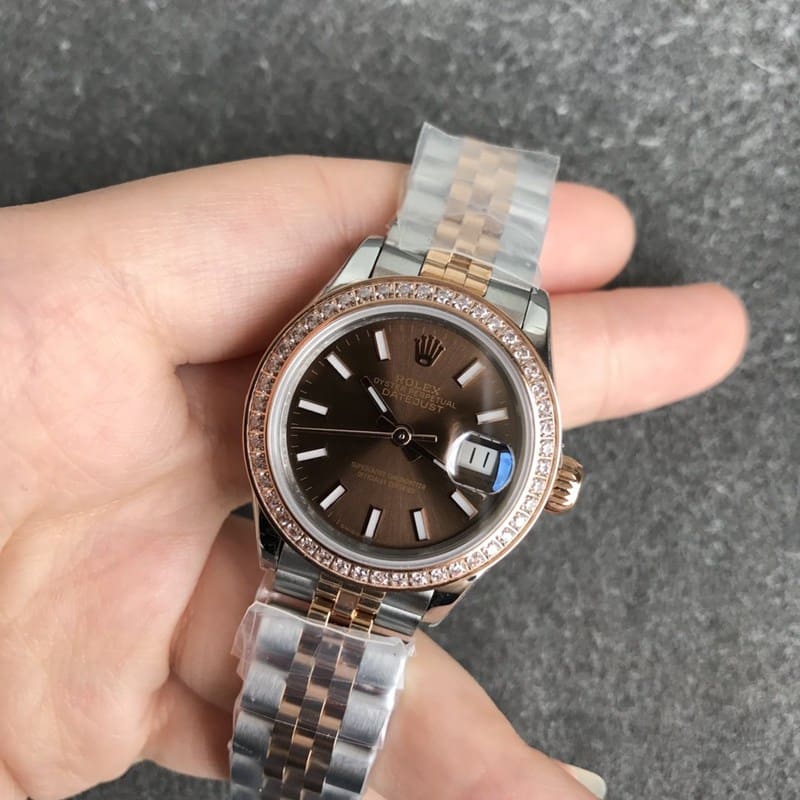 High-quality Rolex Datejust women's watch, 28mm, mechanical bezel, diamond markers, rose gold, coffee-colored dial, front view