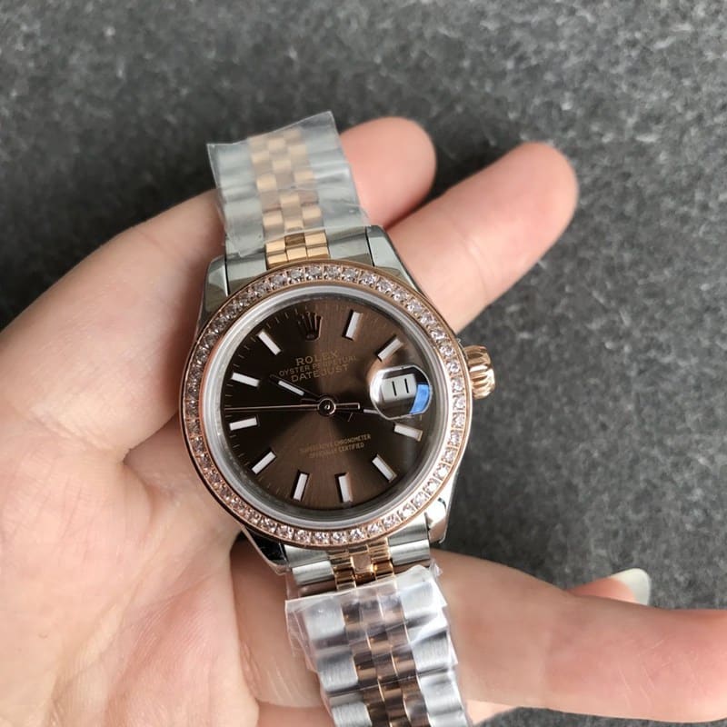 High-quality Rolex Datejust women's watch, 28mm, mechanical bezel, diamond markers, rose gold, coffee-colored dial, front view