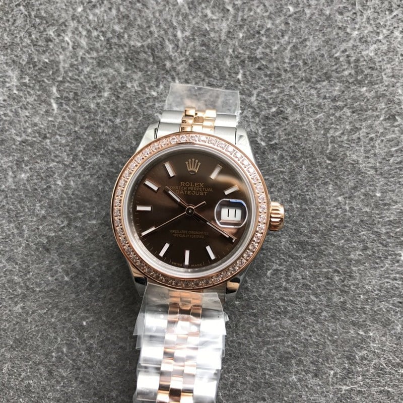 High-quality Rolex Datejust women's watch, 28mm, mechanical bezel, diamond markers, rose gold, coffee-colored dial, front view