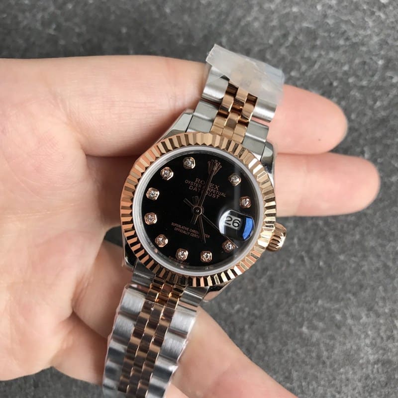 collectible Rolex Datejust watch for women, 28mm, mechanical, tiger tooth bezel, rose gold, black dial, front view