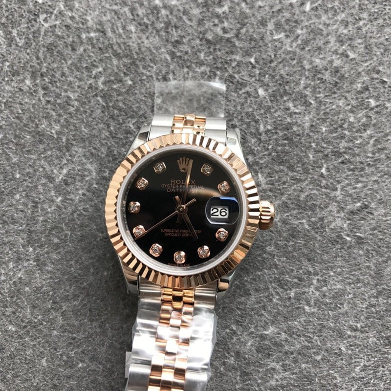 collectible Rolex Datejust watch for women, 28mm, mechanical, tiger tooth bezel, rose gold, black dial, front view